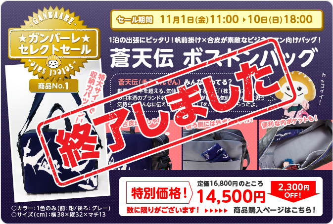 蒼天伝ボストンバッグ終了